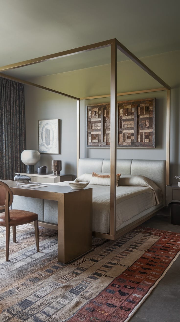 A stylish bedroom featuring a modern four-poster bed, vintage rug, and eclectic artwork.