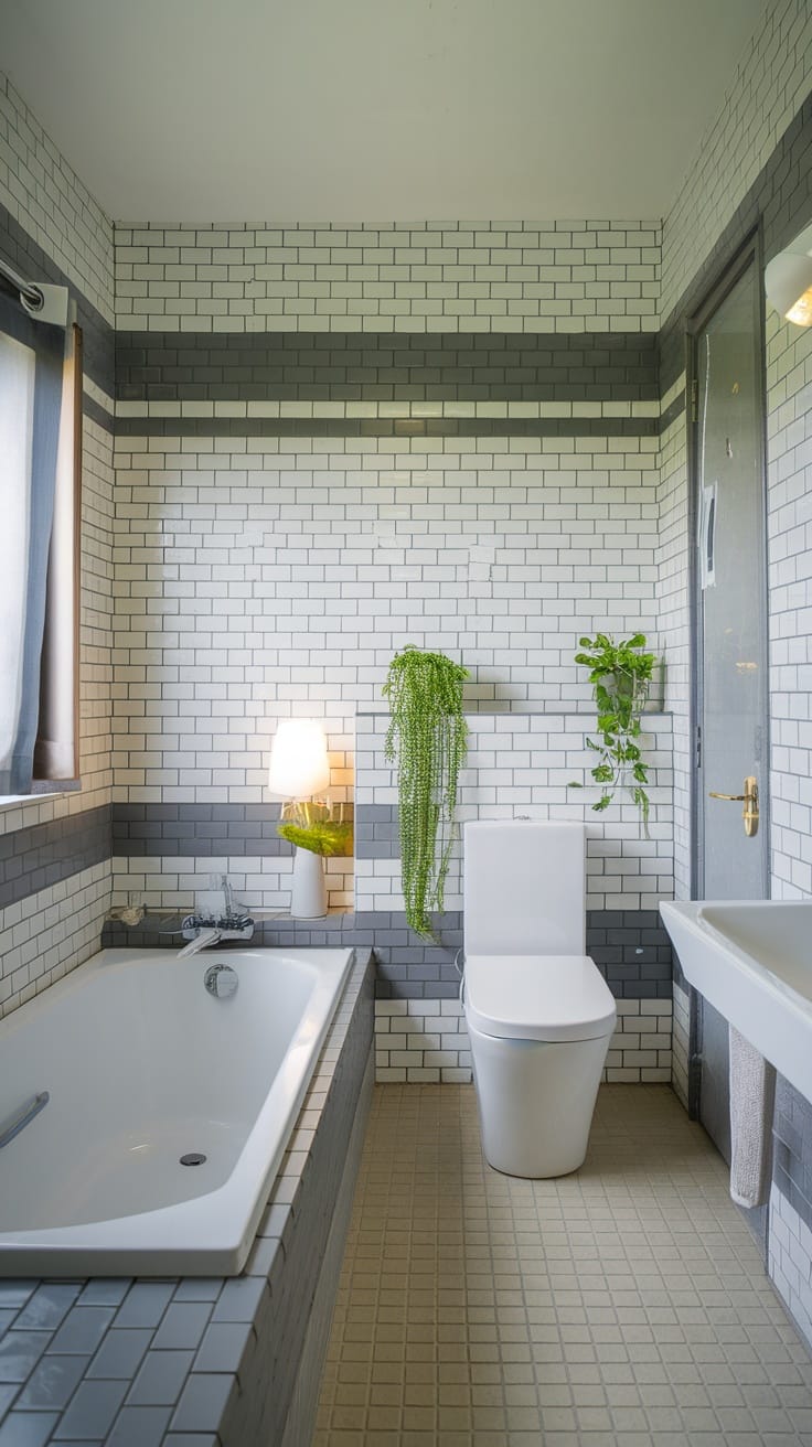 A modern small full bathroom featuring indoor plants and stylish tiles.