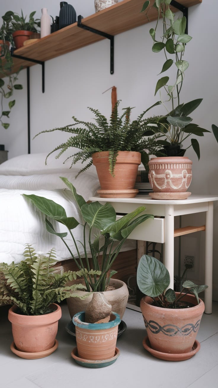 A cozy bedroom setup with various potted plants beside a bed, showcasing a blend of vintage and modern elements.