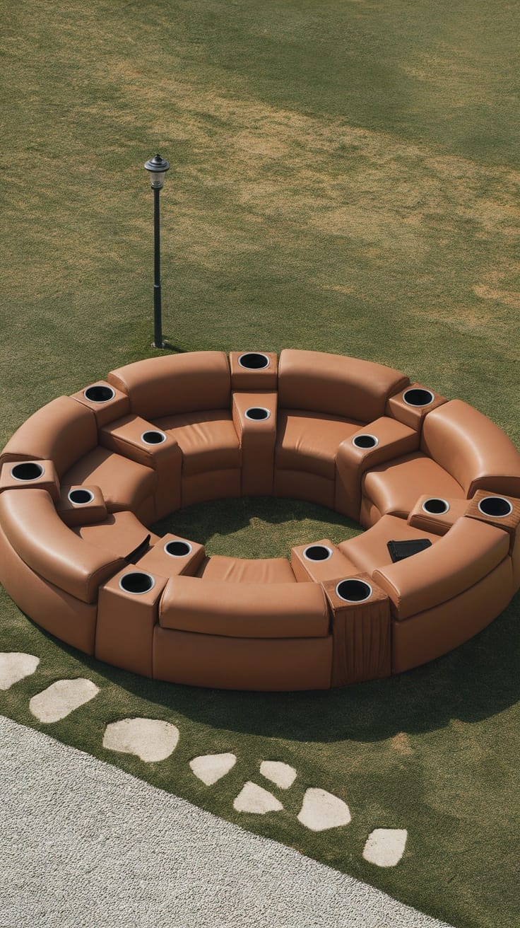 A giant circular sofa designed for socializing, featuring built-in cup holders and a modern aesthetic.