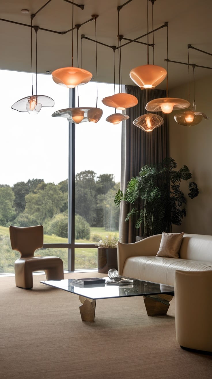 A modern living room with unique hanging lights and a cozy interior design.