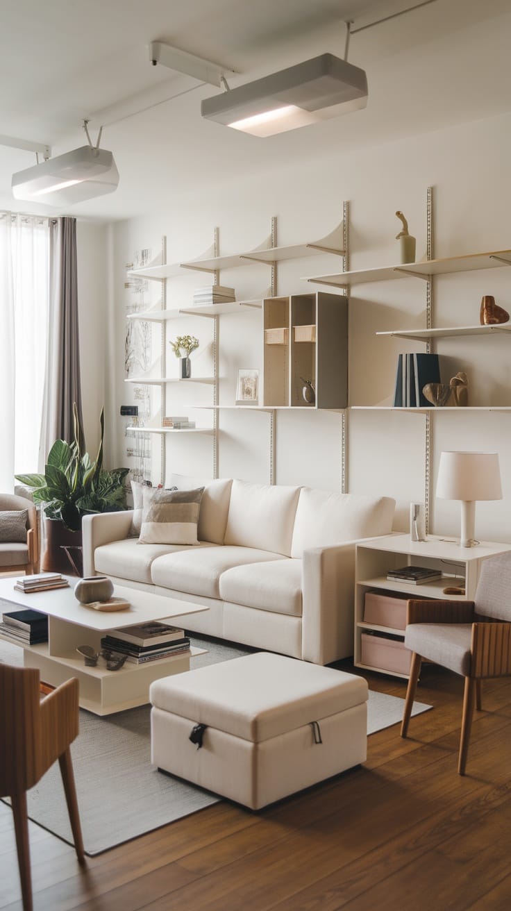 A modern living room with sleek design, featuring wall-mounted shelves, a minimalist coffee table, and a stylish storage ottoman.