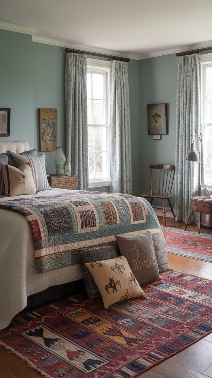 A vintage-style bedroom featuring a patchwork quilt, patterned pillows, and colorful rugs, creating a cozy and inviting atmosphere.