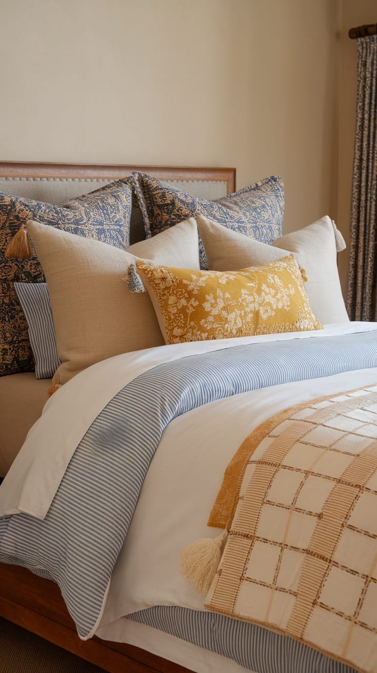 A cozy and stylish bedroom featuring layered textiles, including patterned and solid pillows, striped bedding, and a textured throw.