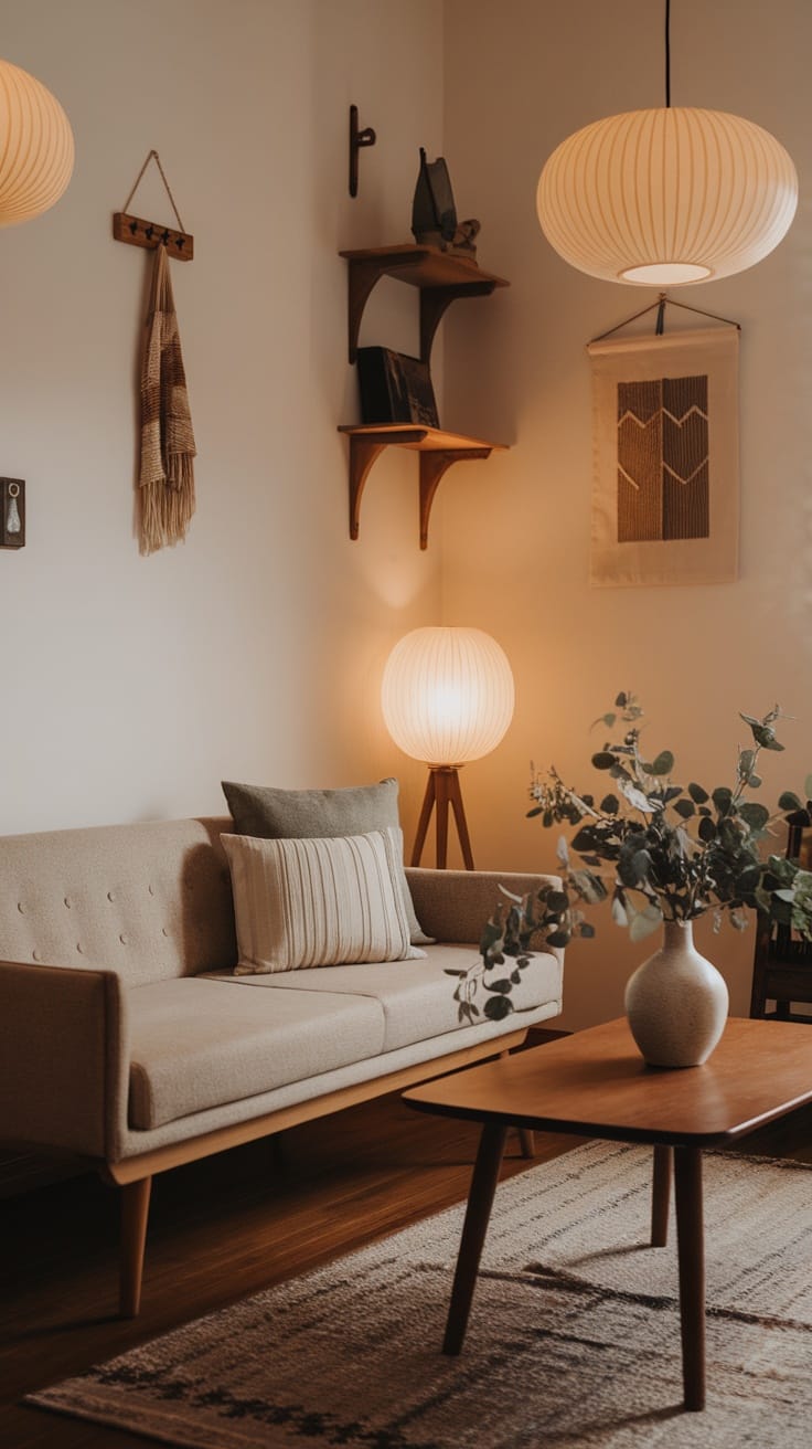 A cozy Japandi living room featuring soft ambient lighting, a stylish sofa, and natural decor elements.