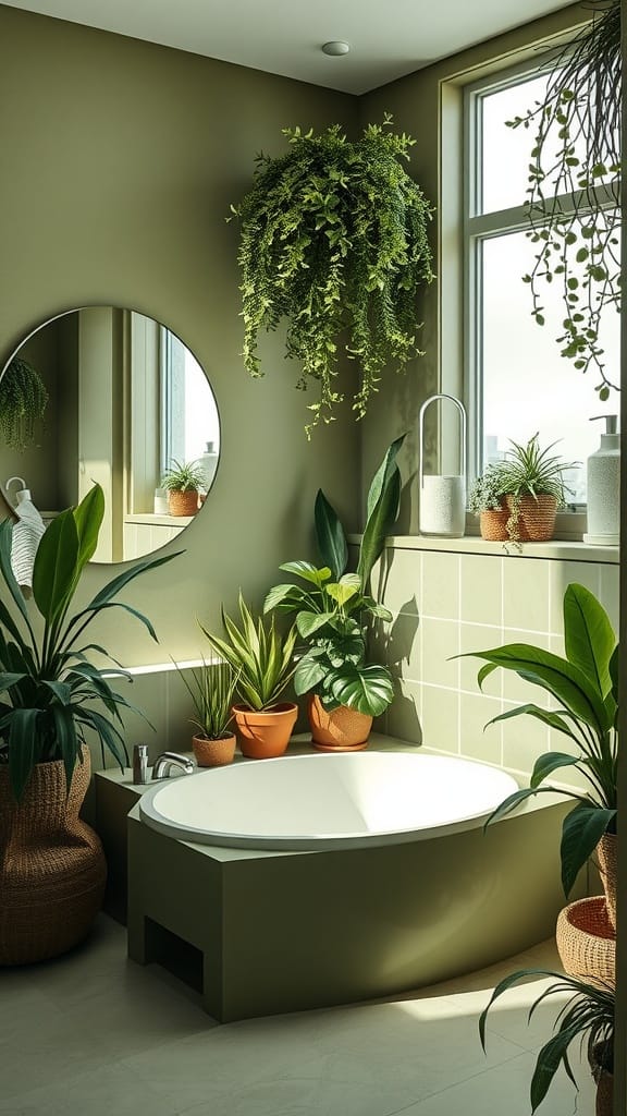 A peaceful olive green bathroom featuring a bathtub surrounded by lush greenery and plants.