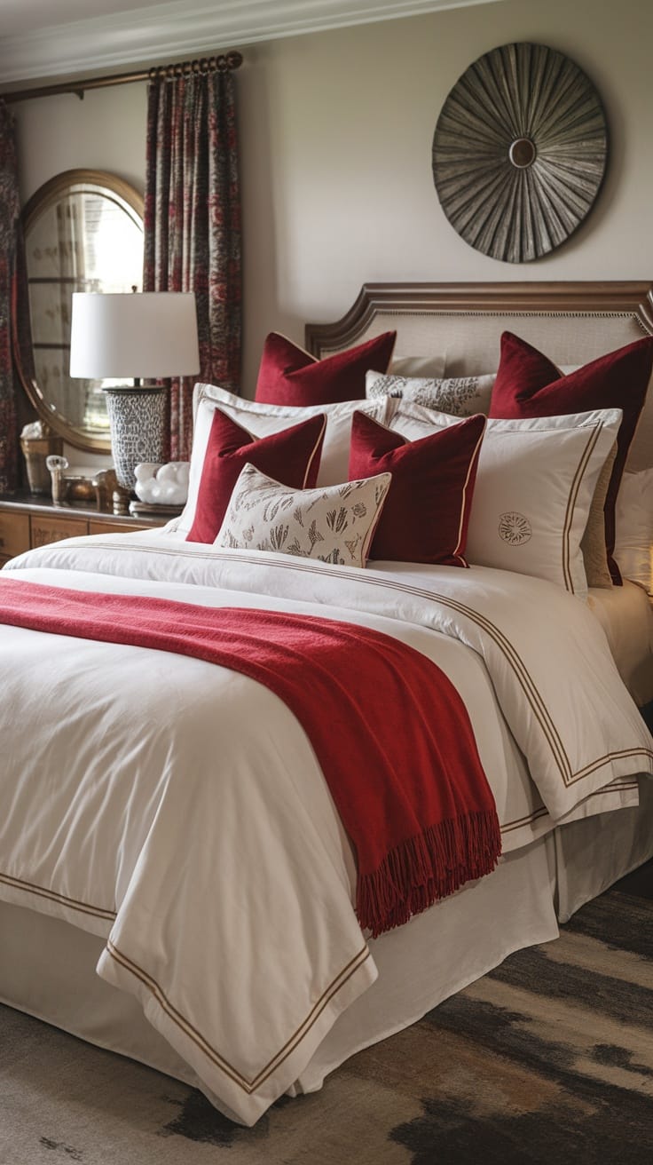 Luxurious bedroom featuring elegant bedding with red and white accents