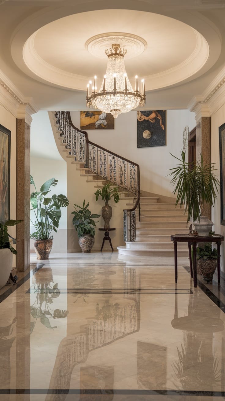 Luxurious entrance hall with marble floor, elegant chandelier, and decorative plants