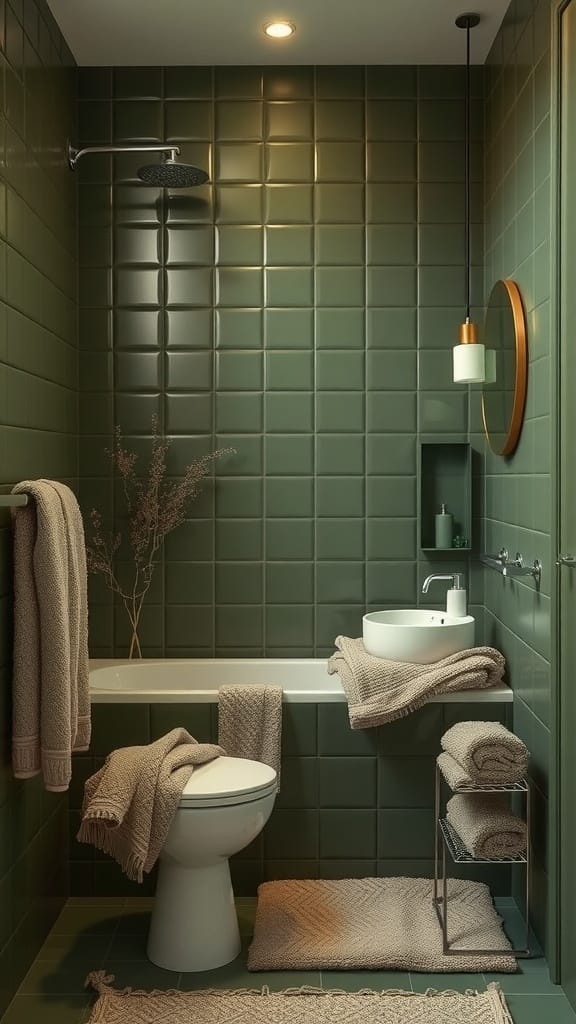 A cozy bathroom featuring olive green tiles, soft textiles, and a modern sink.