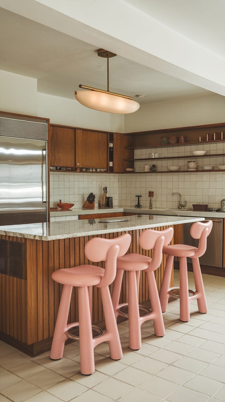 Mid-century pink bar stools in a retro kitchen with wooden cabinets and a marble countertop