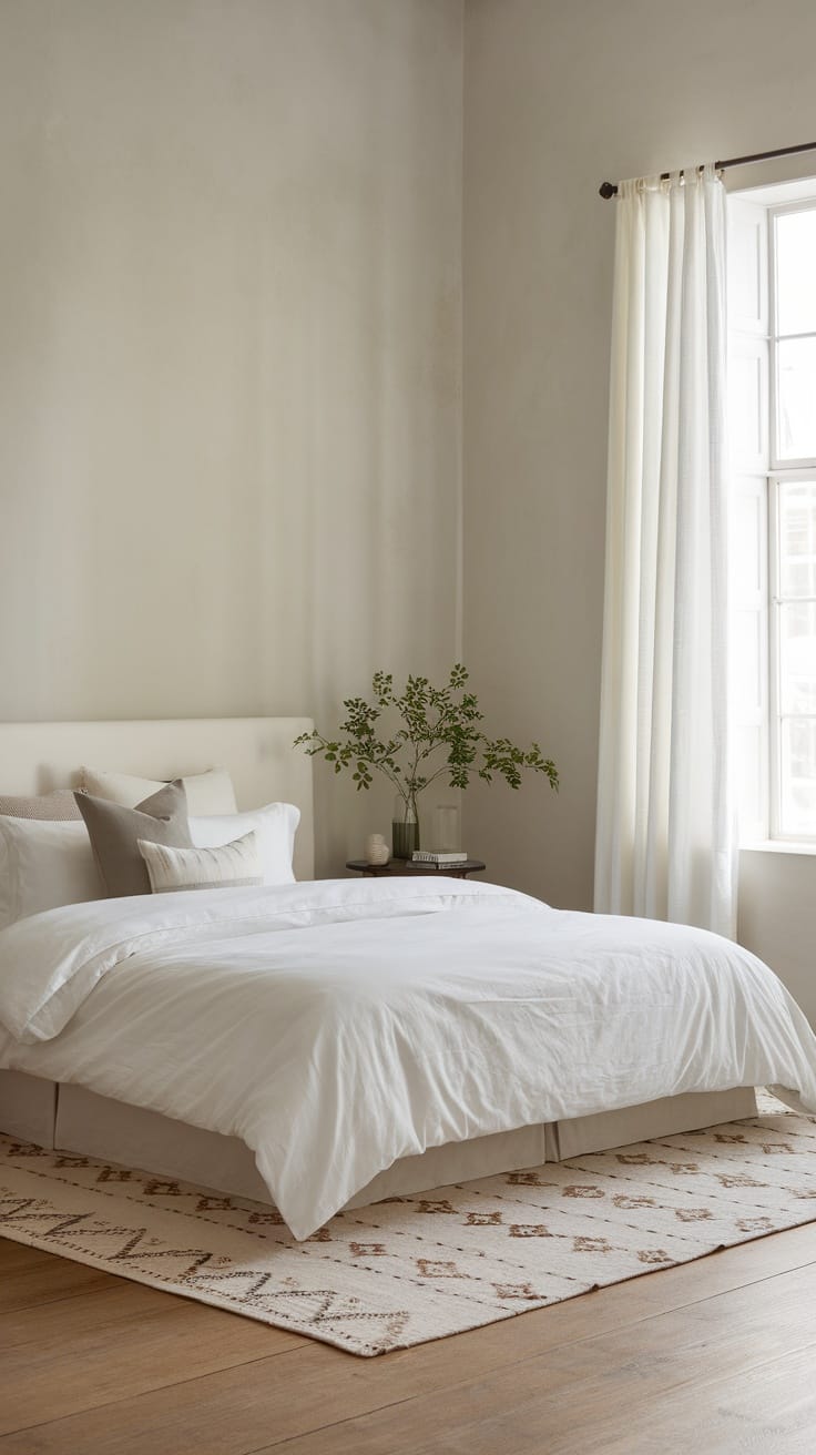 A stylish minimalist bedroom with neutral tones, featuring a bed with white linens, a textured rug, and a small plant on the bedside table.