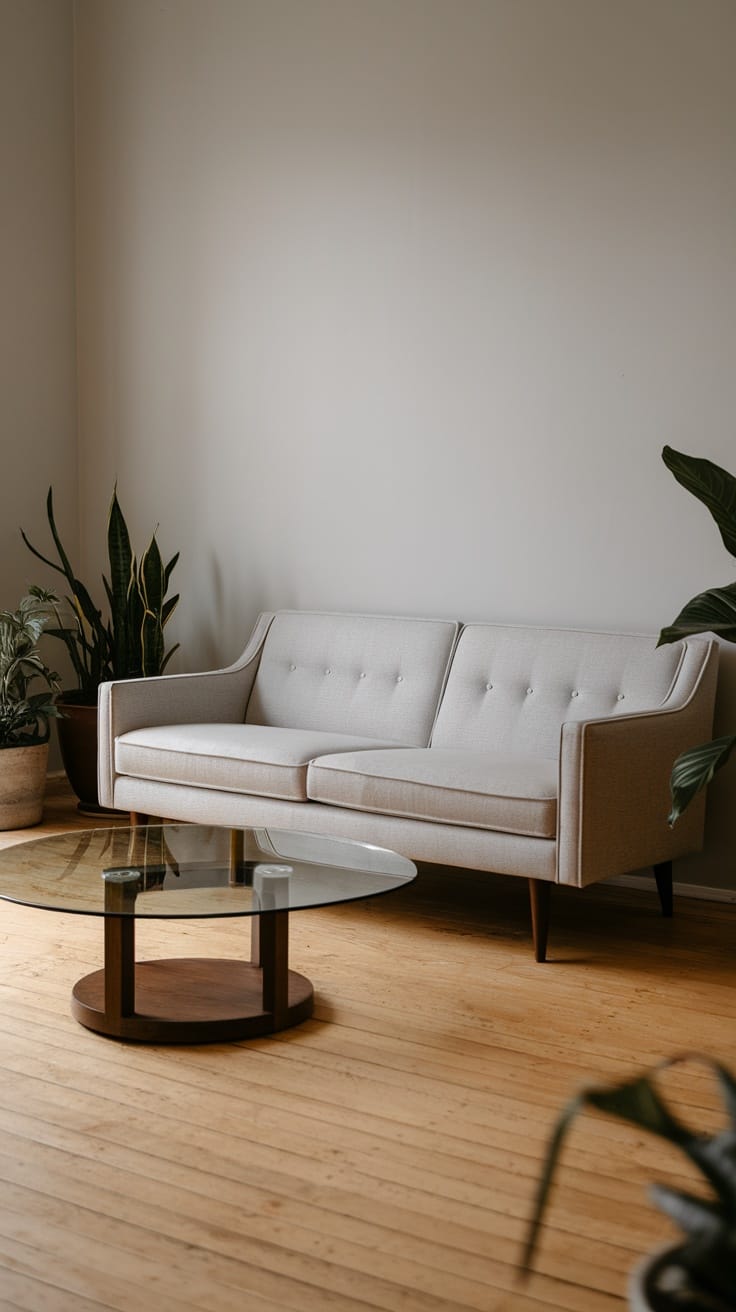 A minimalist living room featuring a light-colored sofa, a round glass coffee table, and indoor plants.