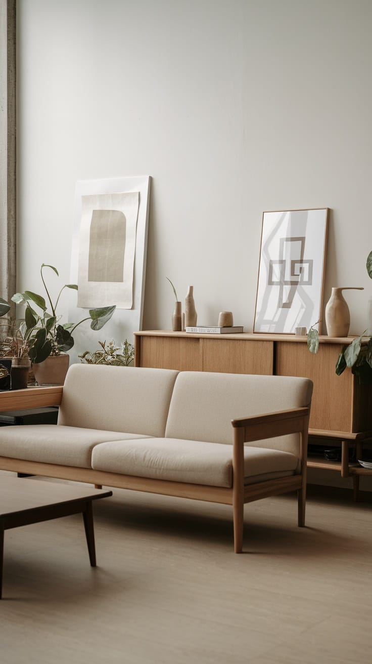 A minimalist Japandi living room featuring a beige couch, wooden furniture, and simple decor elements.