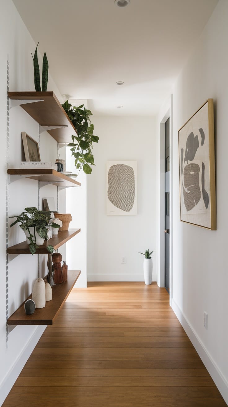Minimalist hallway with floating shelves, plants, and artwork.