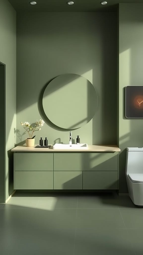 A minimalist olive green bathroom featuring a round mirror, sink, and cabinetry.