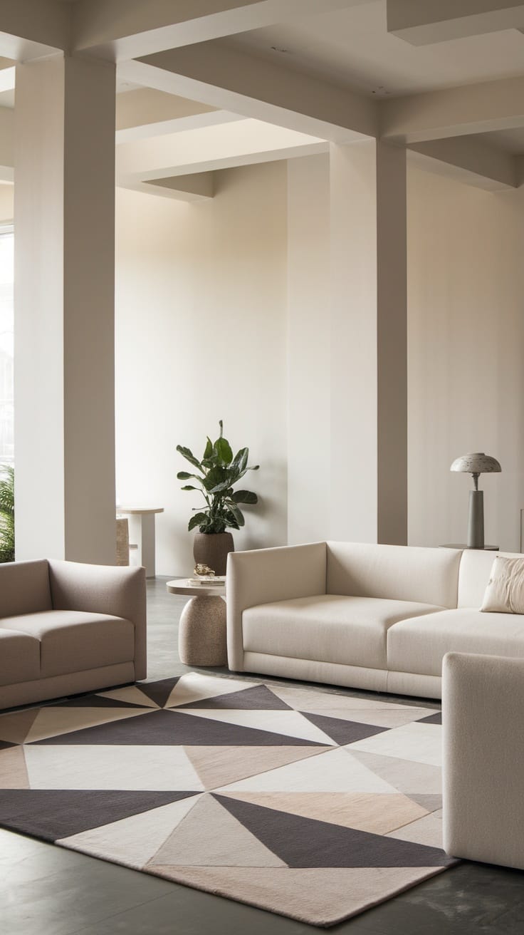 Minimalist sofa arrangement in a modern living room with neutral colors and geometric rug