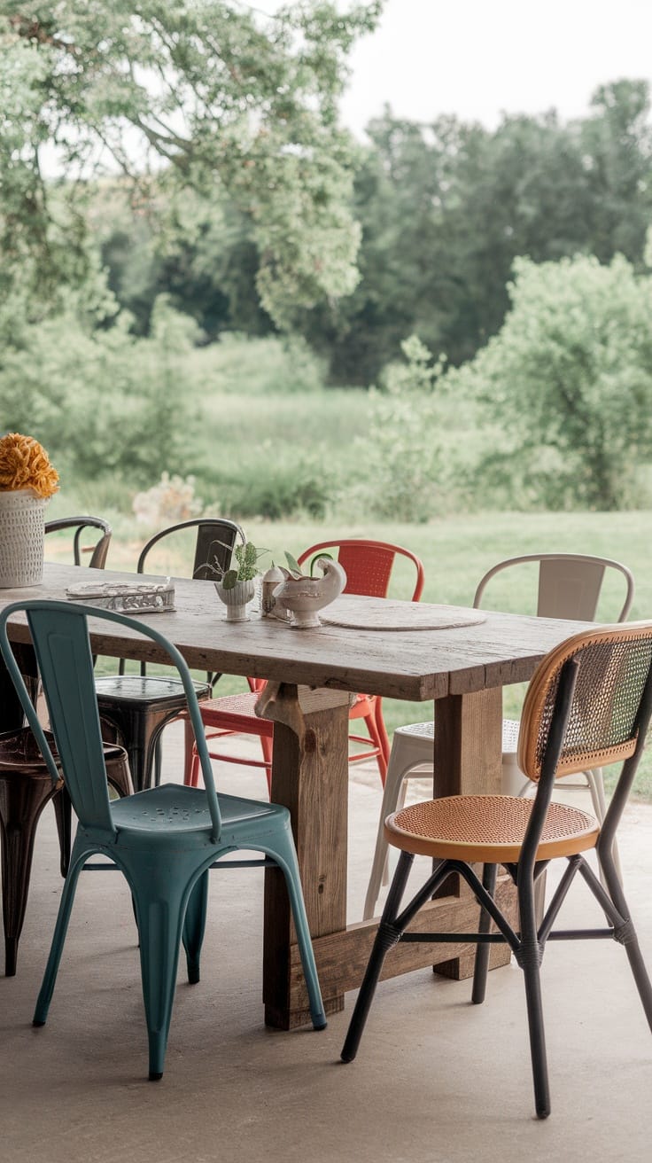 A rustic wooden table surrounded by mismatched colorful dining chairs, set against a green outdoor background.