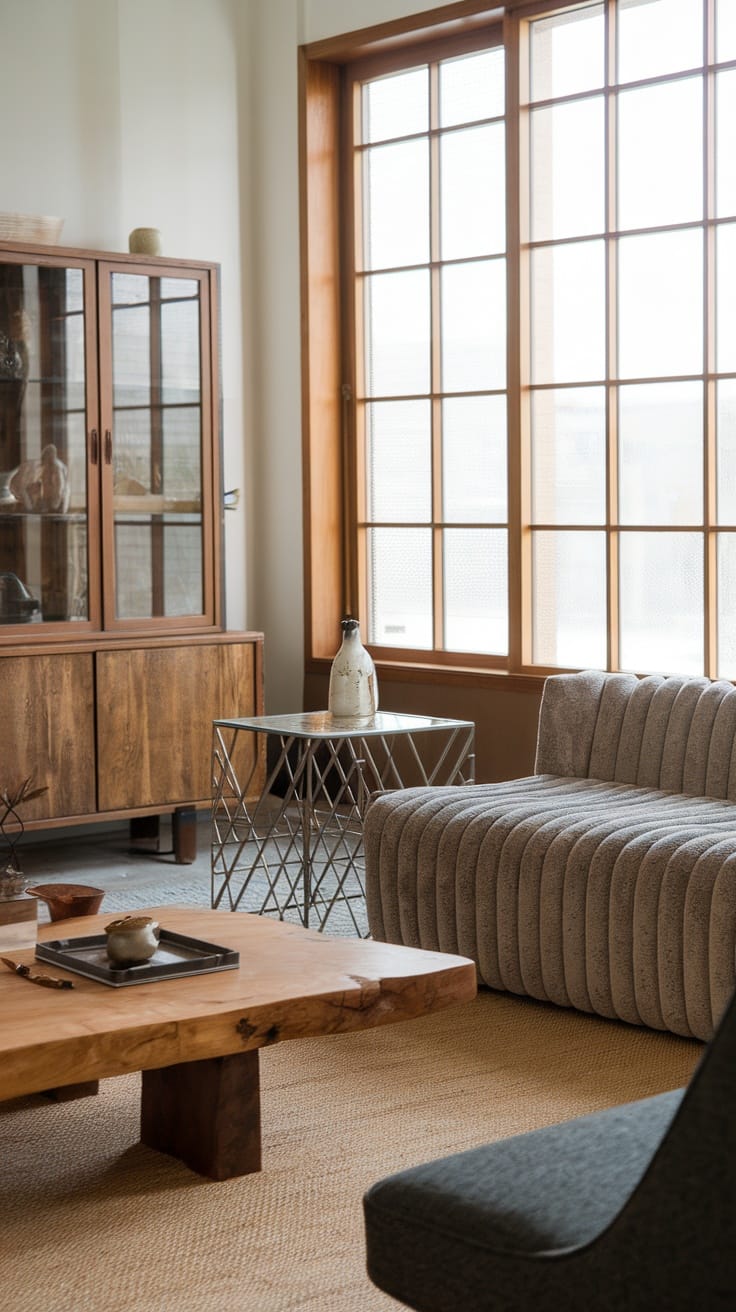 A modern living room featuring a ribbed sofa, wooden coffee table, glass accent table, and wooden cabinet.
