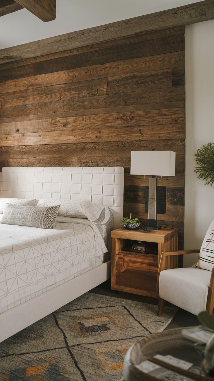 A stylish bedroom featuring a rustic wooden back wall, modern bed with a tufted headboard, elegant nightstand, and contemporary lamp.