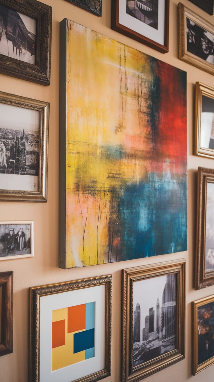 A wall with a mix of modern abstract and vintage framed artworks