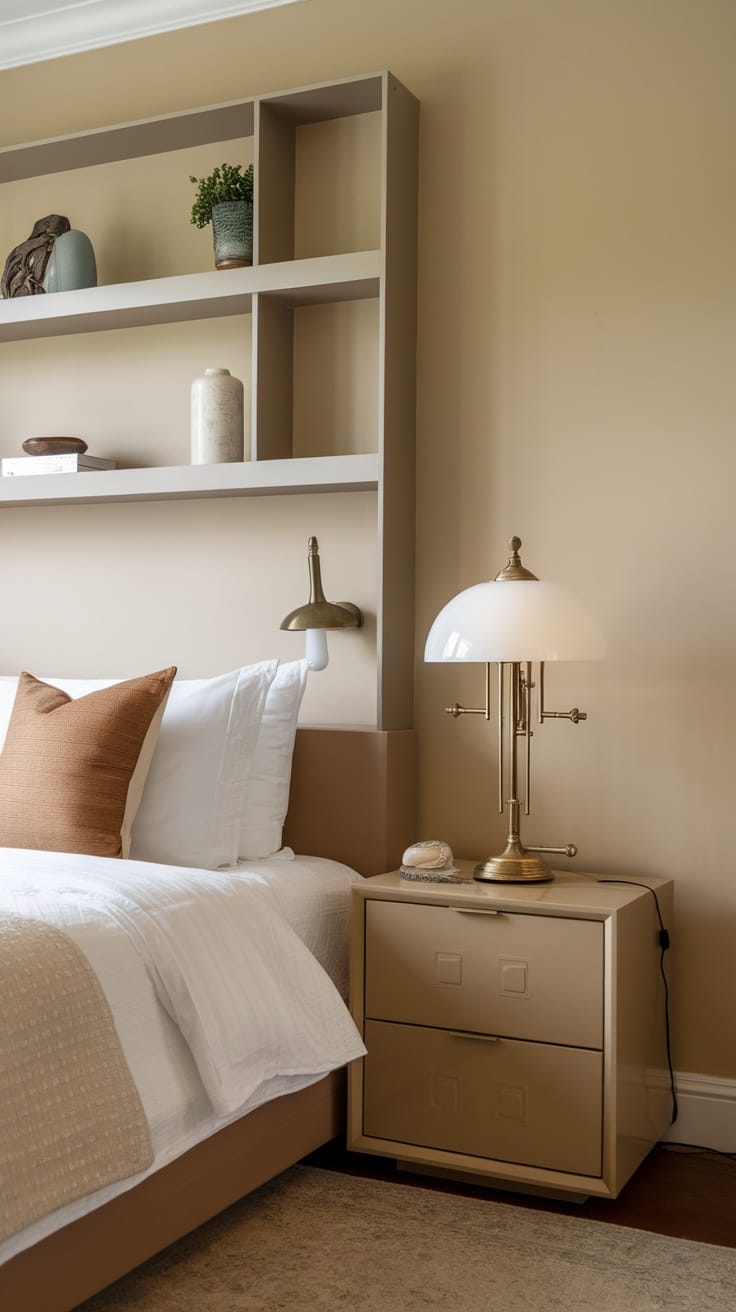 A modern vintage bedroom featuring a mix of vintage and contemporary light fixtures, with a cozy bed and stylish decor.