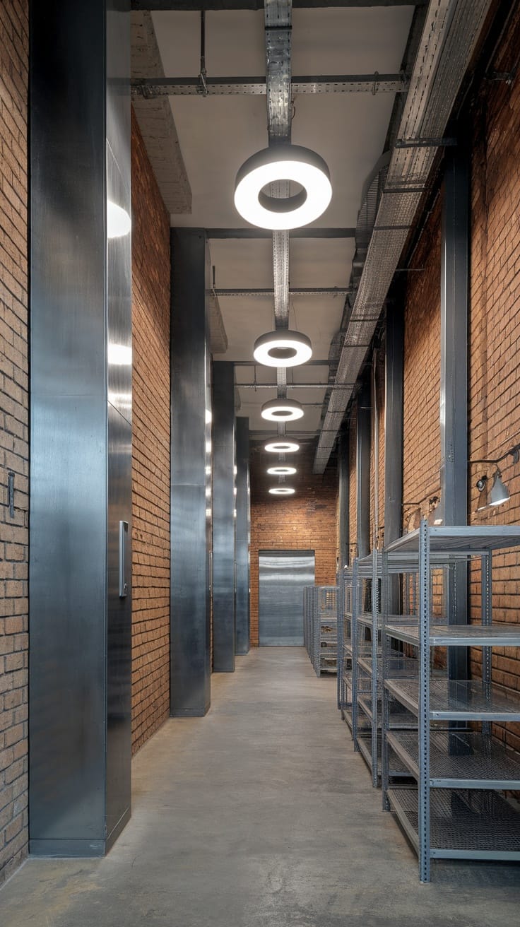 A modern industrial corridor featuring exposed brick walls, sleek metal accents, and circular ceiling lights.