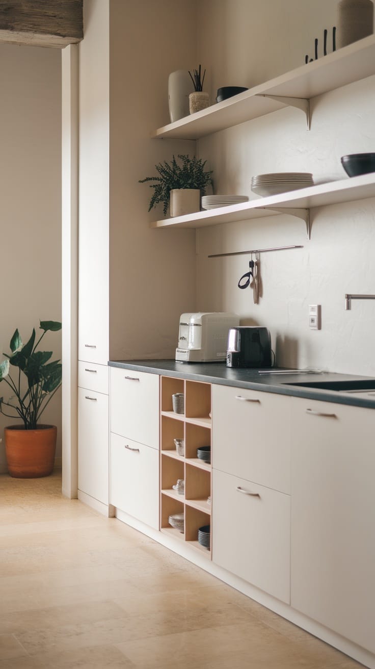Modern minimalist kitchen with sleek cabinetry and open shelves, showcasing a simple and tidy design.