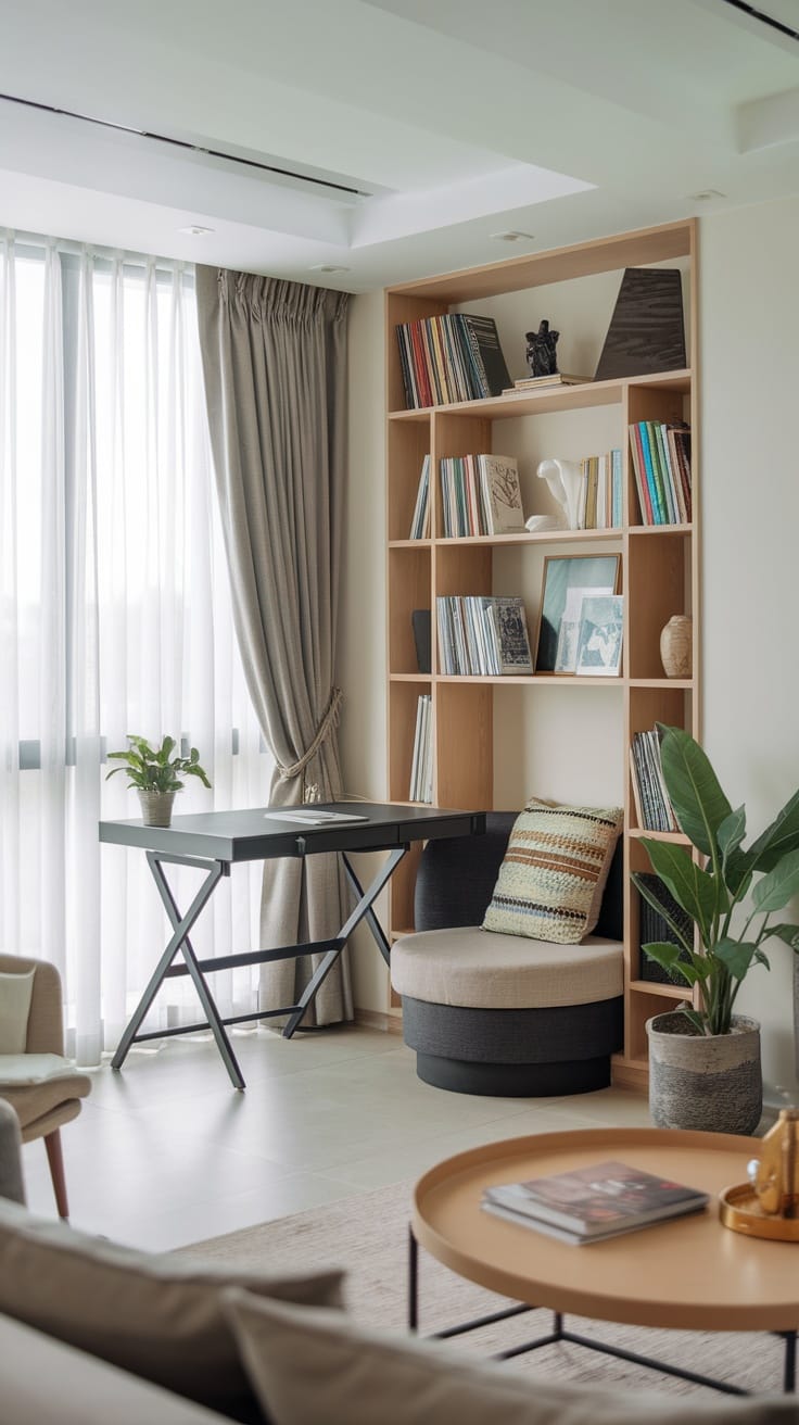 A modern living room featuring a work desk, bookshelf, comfortable seating, and a potted plant.