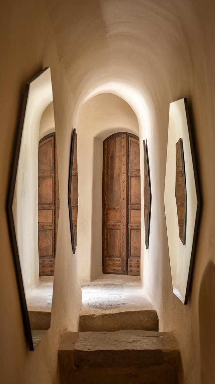 A narrow hallway with mirrors on both sides, featuring wooden doors at the end