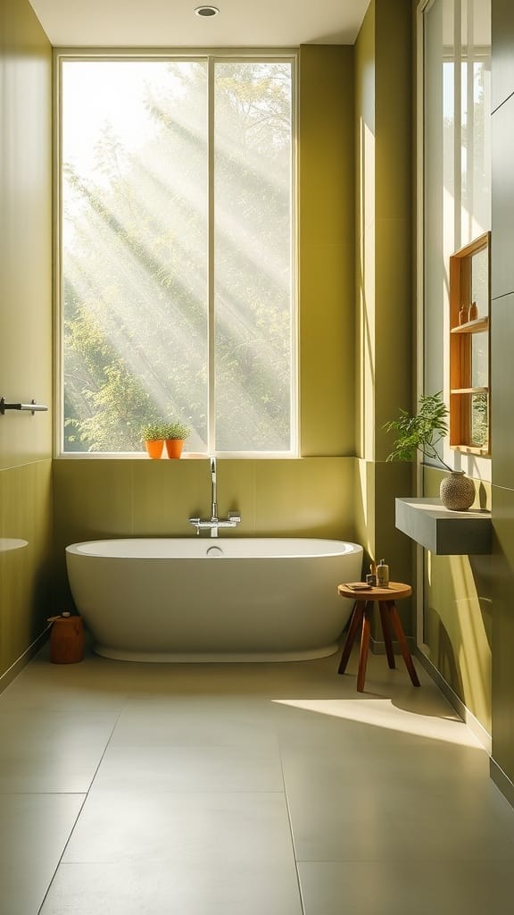 Bright olive green bathroom with large windows and natural light