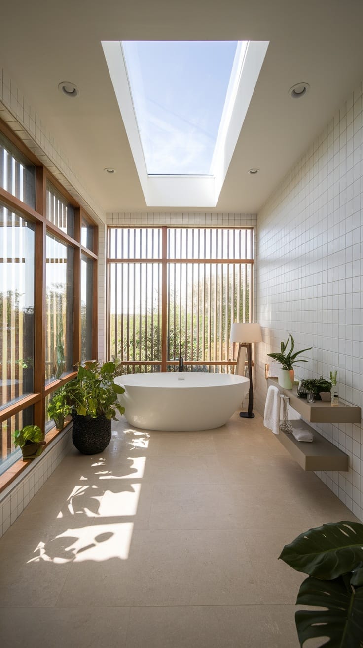 Modern bathroom with large windows and a skylight, showcasing natural light and greenery.