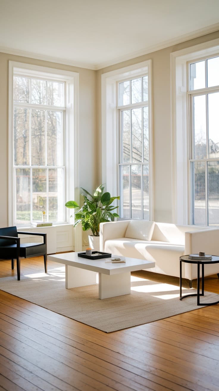 A bright modern living room with large windows, white sofa, and a potted plant.