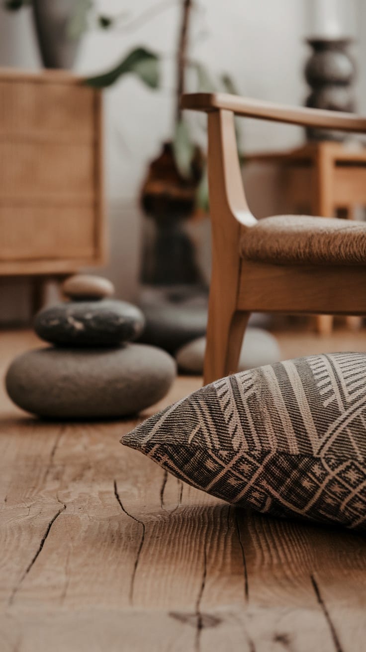 A cozy Japandi living room featuring a wooden chair, natural stone decorations, and a patterned pillow on a wooden floor.