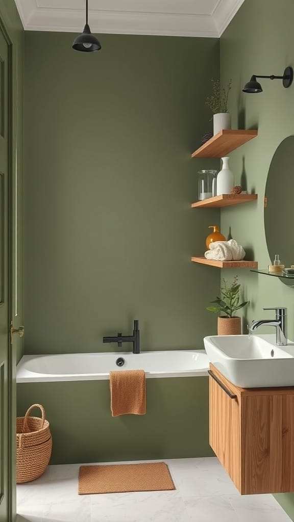 Olive green bathroom with natural wood accents, featuring a bathtub, wooden shelves, and sink.