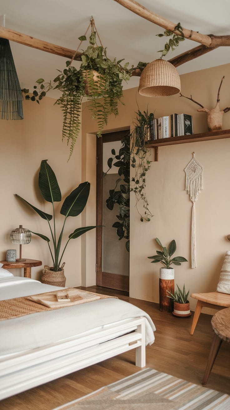 A stylish bedroom featuring nature-inspired decor with hanging plants, wooden furniture, and warm tones.