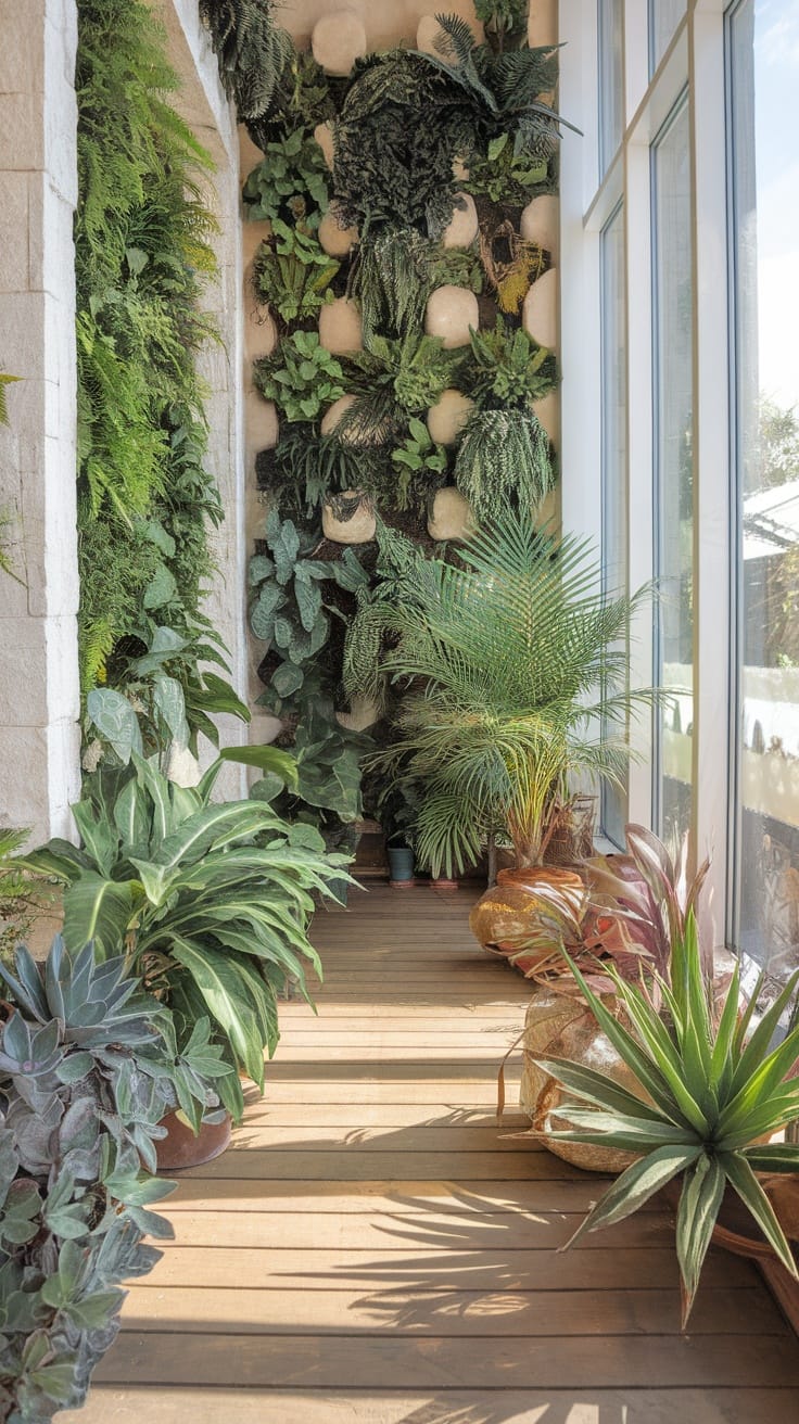 A hallway filled with various types of greenery, featuring a lush wall of plants and potted plants along the floor.