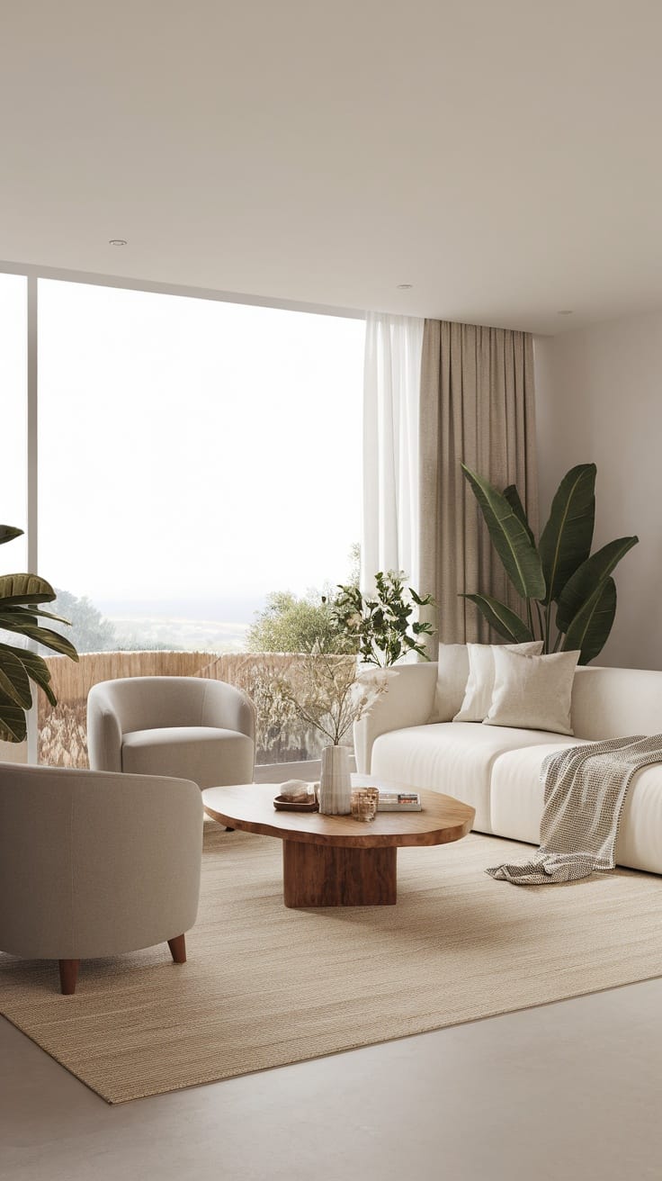 A modern living room with neutral color palettes, featuring soft beige furniture and a wooden coffee table.