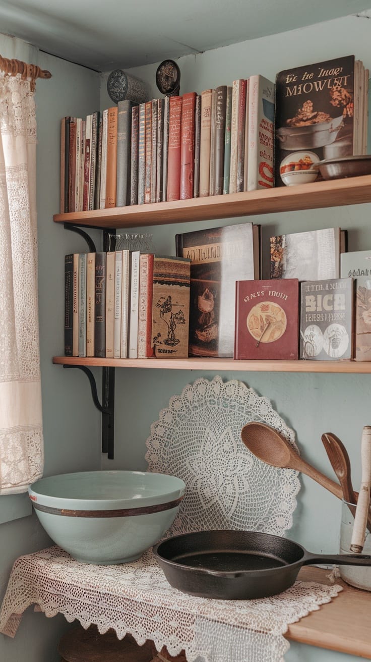 A cozy kitchen corner with shelves filled with vintage cookbooks and utensils.