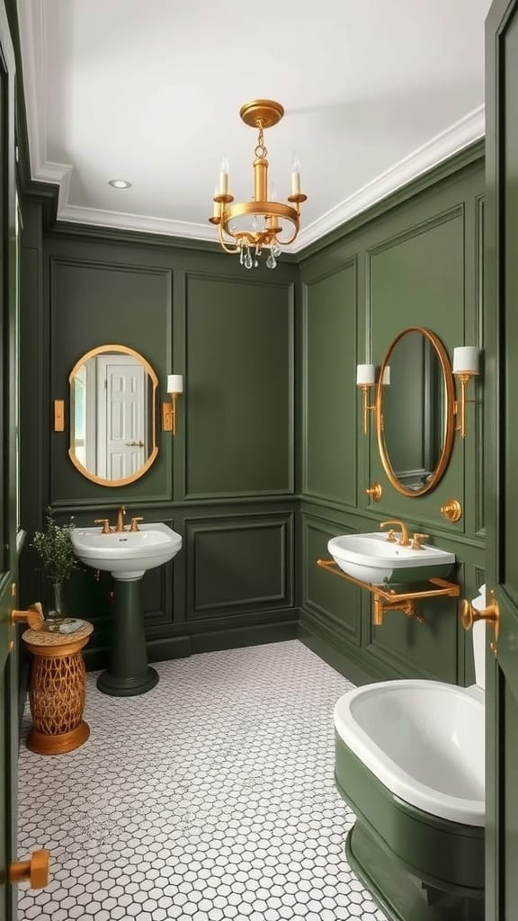 A chic olive green bathroom featuring gold accents, elegant fixtures, and hexagonal tile flooring.