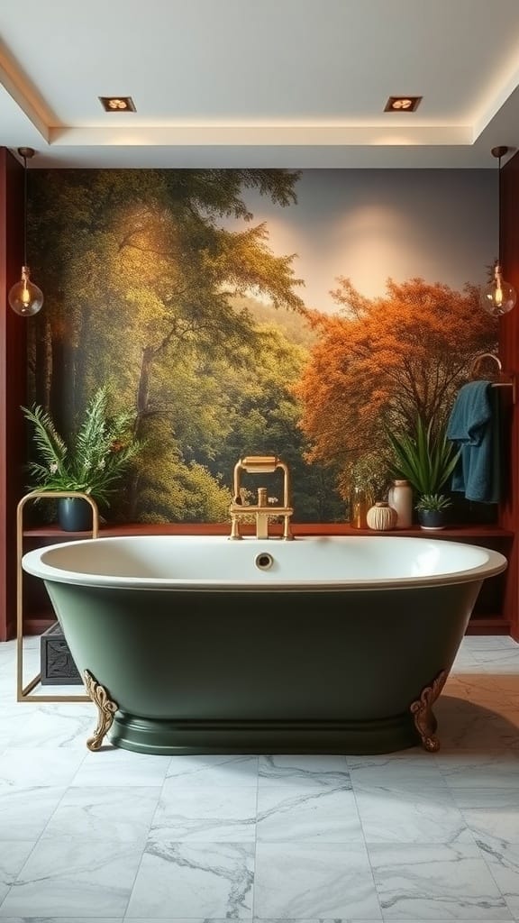 A stylish olive green bathtub with golden fixtures in a beautifully decorated bathroom with a nature-themed mural.