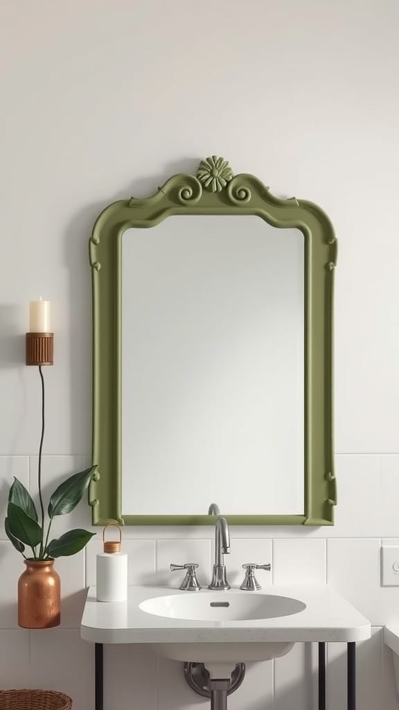 An olive green mirror frame above a modern sink in a bathroom.