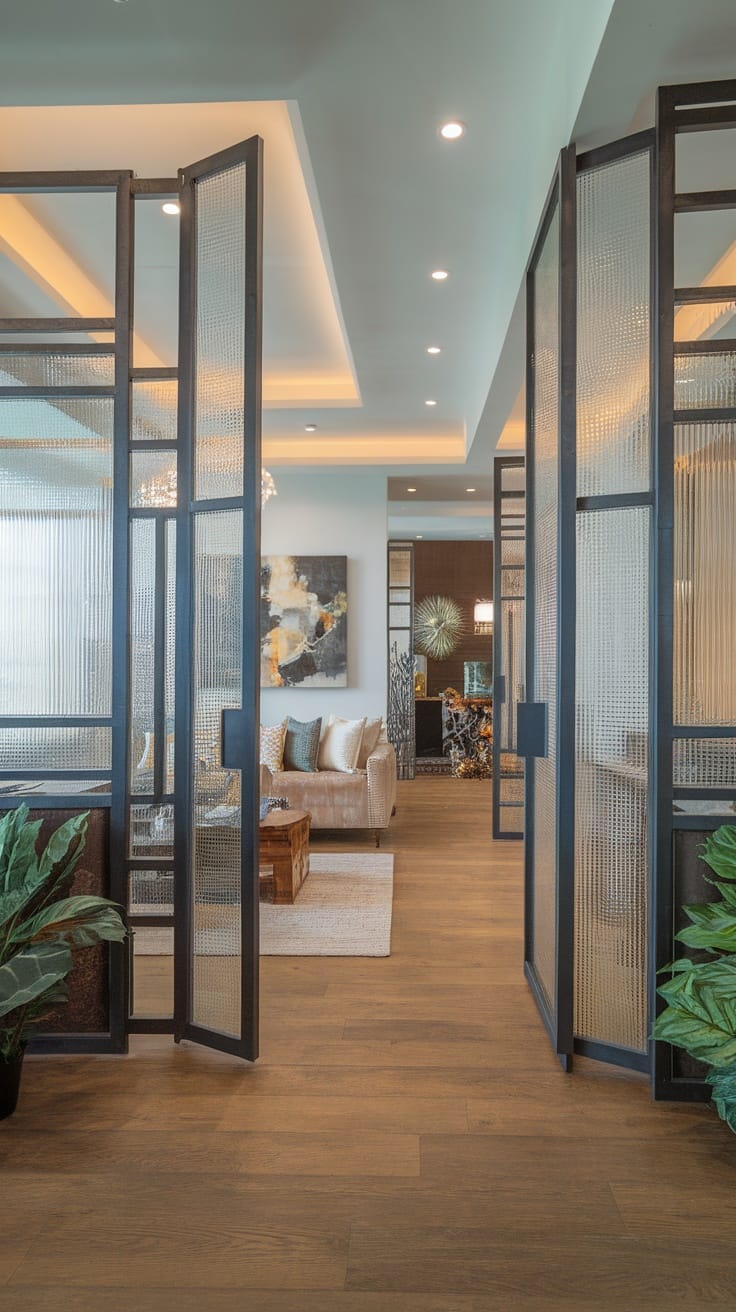 Open concept hall with glass partitioning and stylish decor.