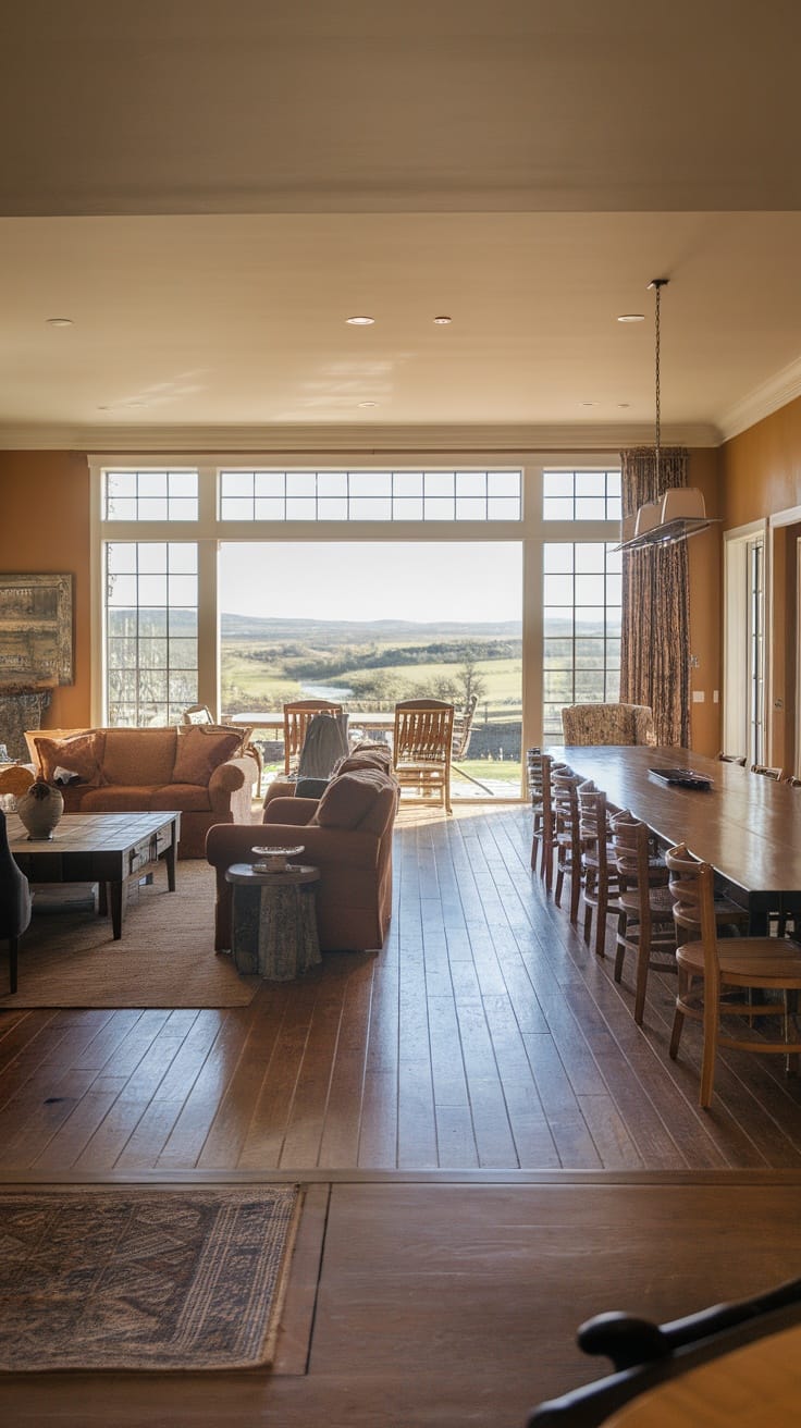 A spacious modern living room with large windows, an open layout connecting to the dining area, and a warm color scheme.