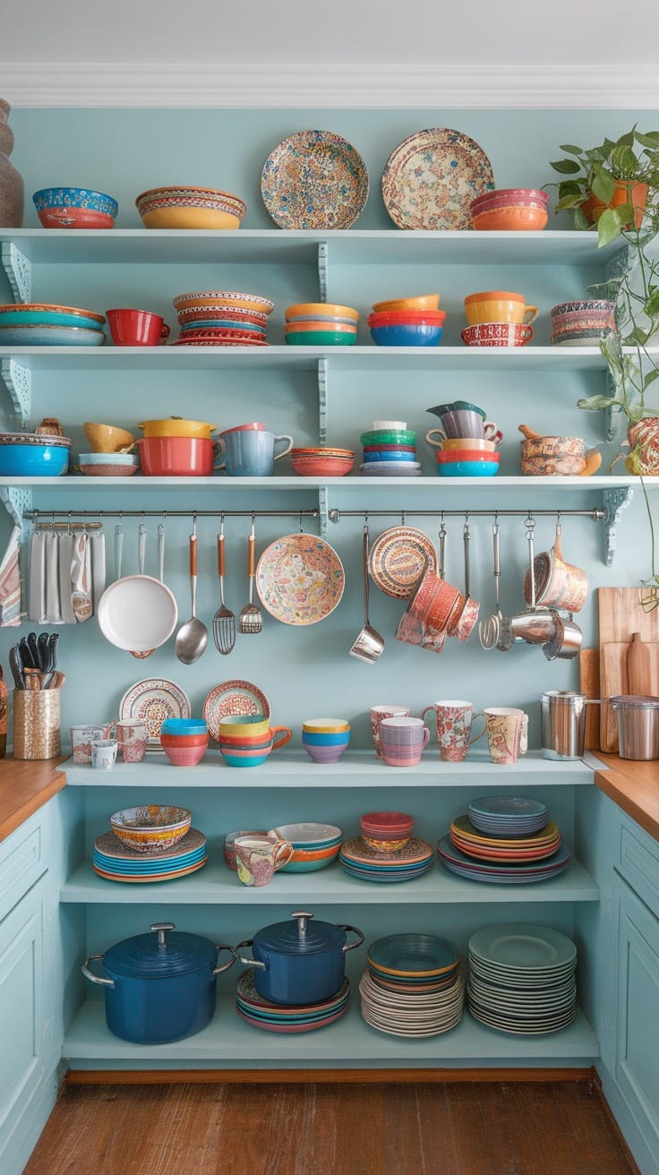 Open shelving with colorful dishware in a kitchen, featuring various bowls, plates, and cooking tools.
