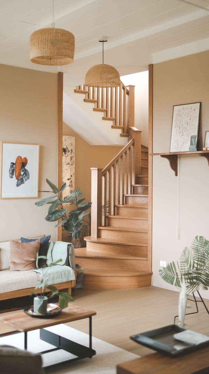 A bright Japandi style living room with an open space layout, featuring a staircase, plants, and cozy furniture.