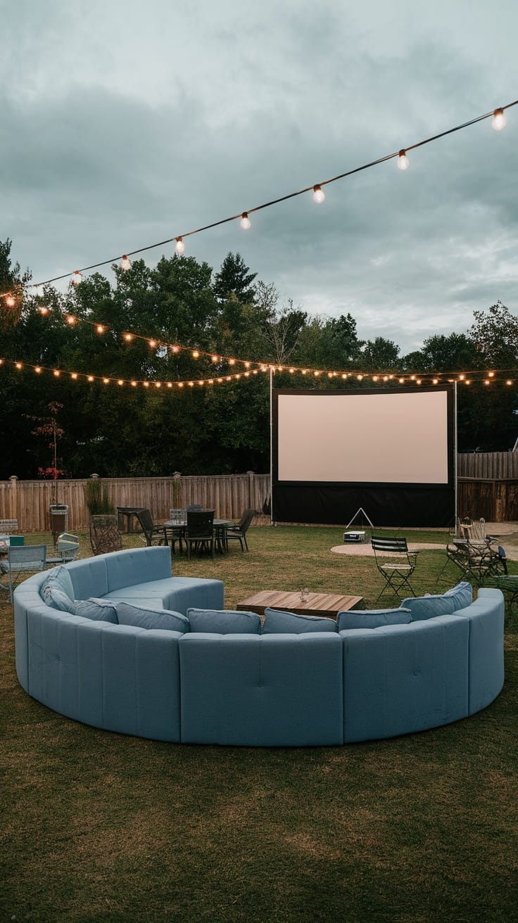 A cozy outdoor movie setup with giant circular sofas, a large screen, and string lights.