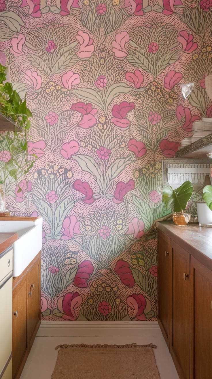 A cozy kitchen corner featuring vibrant floral wallpaper, wooden cabinets, and a white sink.