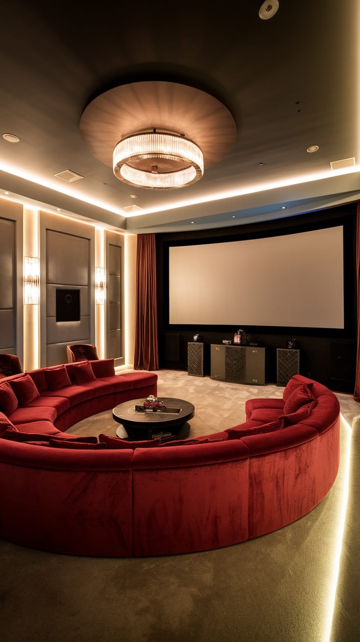 A luxurious home theater featuring a giant circular red sofa and a large screen with soft ambient lighting.