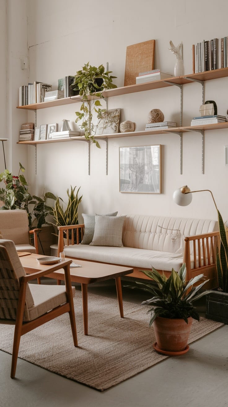 A cozy Japandi living room featuring a light wooden sofa, decorative shelves, and plants.