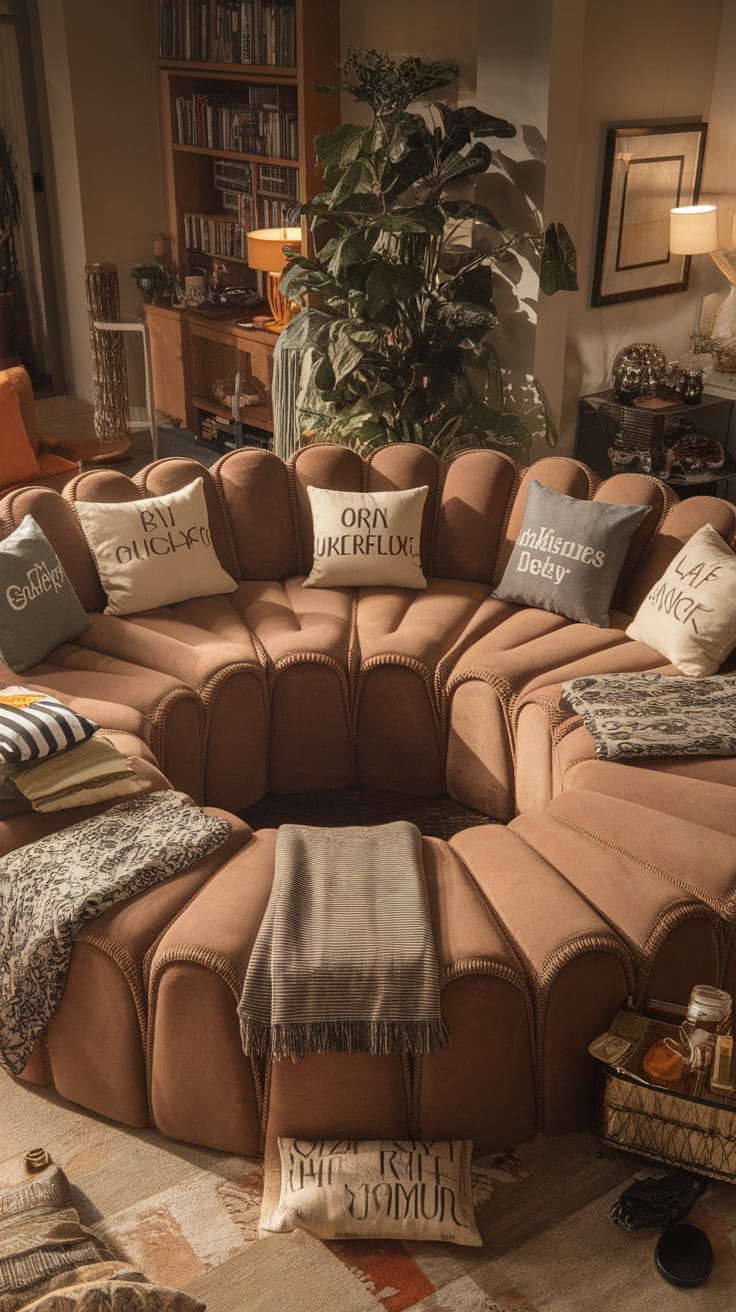 A cozy circular movie sofa surrounded by personalized accessories like decorative pillows and throws.
